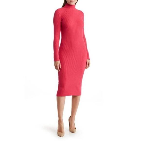 Steve Madden Sweater Of Intent Dress Rib Mock Neck Long Sleeve Midi Pink NWT S - Picture 1 of 10